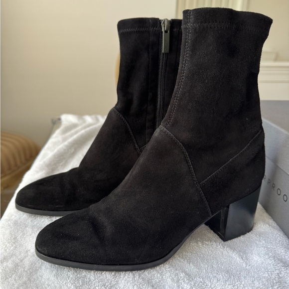 Aquatalia Shoes - Aquatalia Tia Weatherproof Stacked Heel Stretch Black Suede Booties Ankle Boots